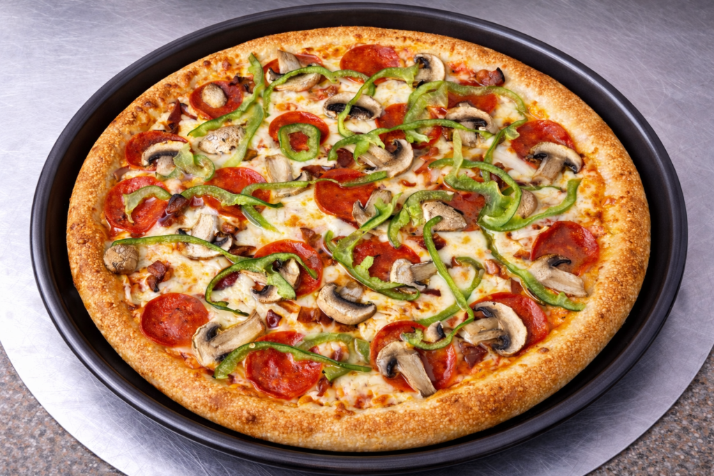 Full pizza with pepperoni, green peppers, and mushrooms